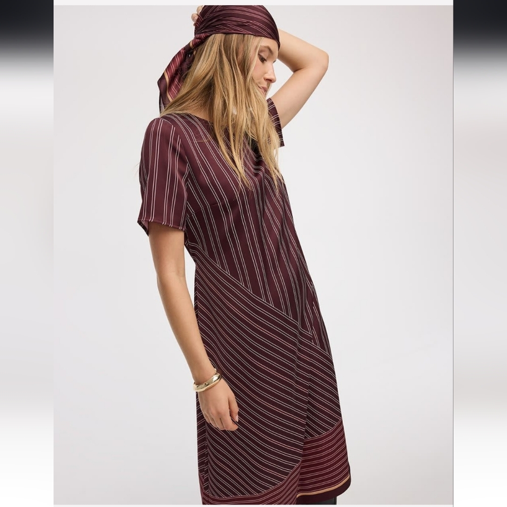 Reitmans Satiny Striped Burgundy Dress (No Sash) New With tags